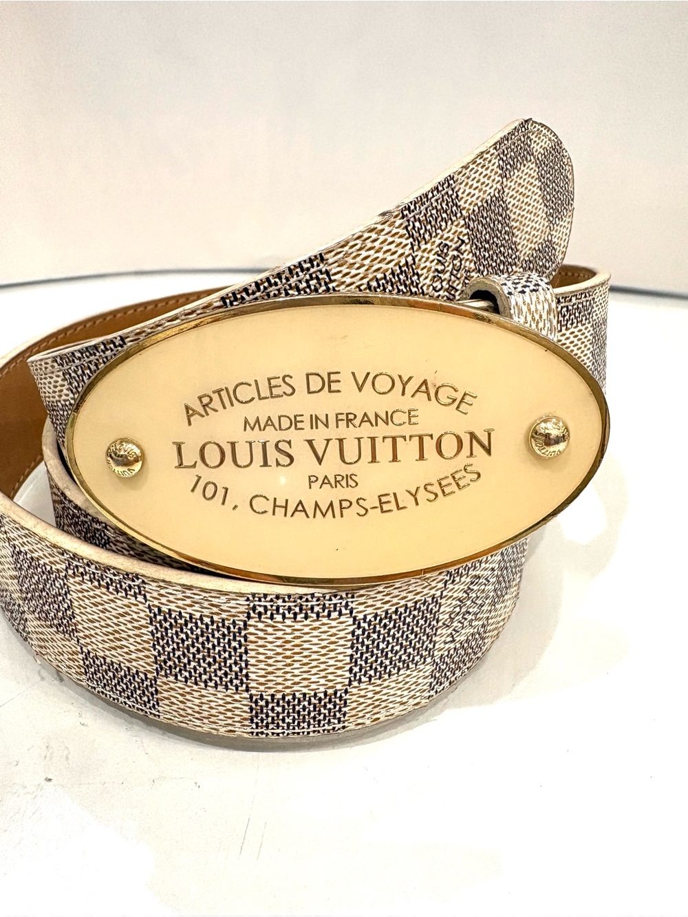 $740 Authentic Louis Vuitton Damier Azur Leather Voyage Inventeur Belt 48 /120cm